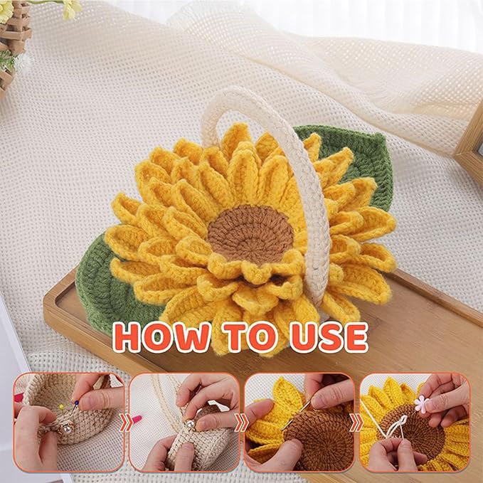 Beginner Crochet Kits, 5-Piece Sunflower Coaster Set, Plant Crochet kit, Adult Crochet Beginner Kits, with Step by Step Guide Video, Sunflower Crochet Material Tool