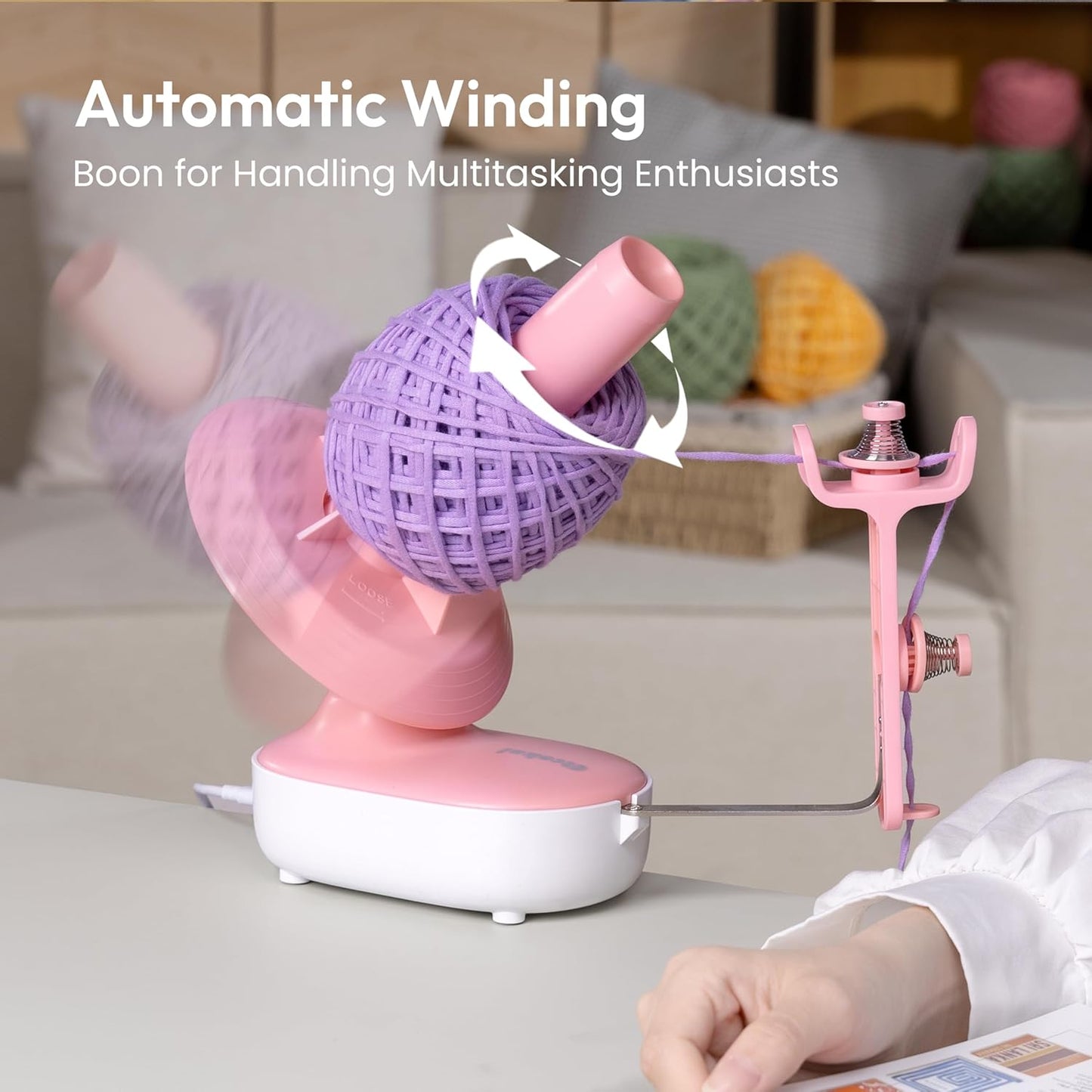 Etcokei Electric Yarn Ball Winder Pro for Crocheting, Upgrade Dual-Spring Tension 10oz Large Capacity, Stepless Speed Automatic Yarn Wool Spinner Roller, Ideal Present for Crochet Lovers(Pink)