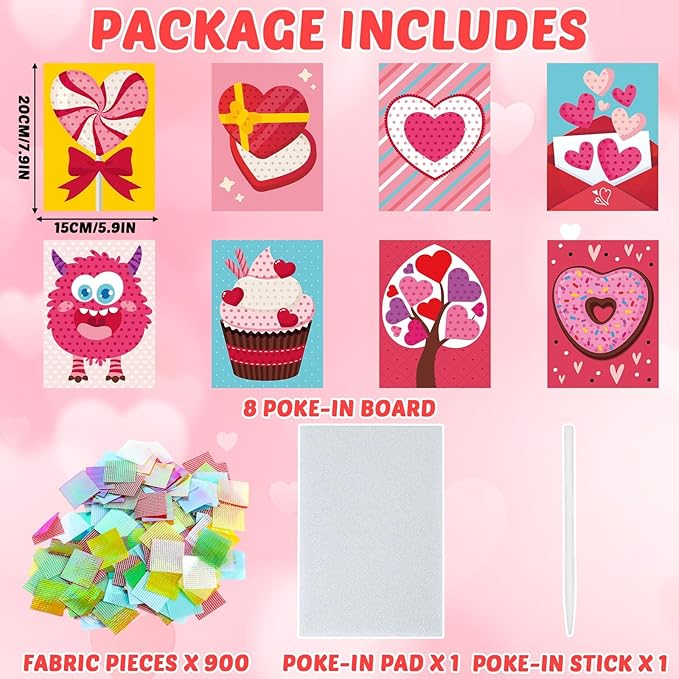 8PCS Poke-in Craft and Art Kit Heart Monster Dessert No-Mess Fabric Sewing Art Puzzle Puncture Painting Toy Gift Mom Valentine Creative Activity Game Birthday Party