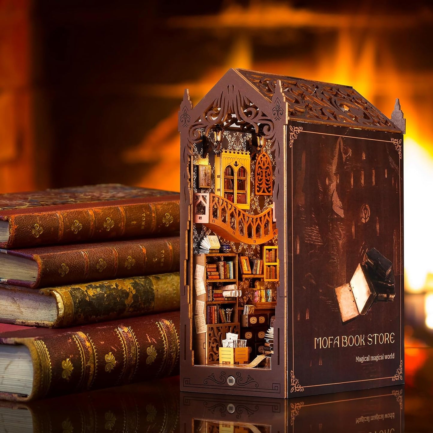 DIY Book Nook Kit, Miniature Dollhouse Bookshelf Insert with LED Light, 3D Wooden Puzzle Bookend Insert, Perfect for Teens and Adults, Magic Book