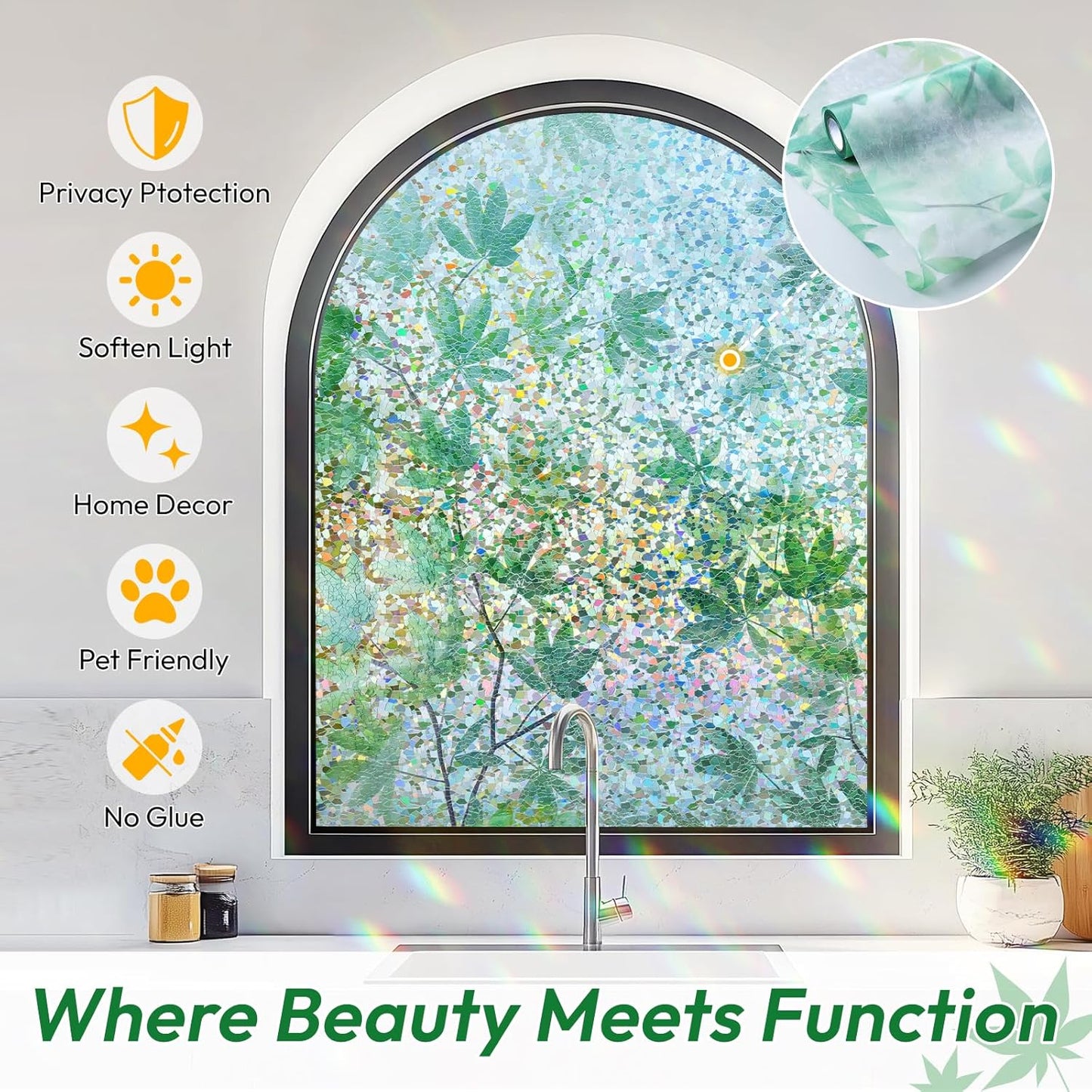 rabbitgoo Rainbow Window Privacy Film Decorative Stained Glass Diamond Pattern Window Sticker with Iridescent Tint Non-Adhesive Static Cling for Home Office Bathroom, Green Leaf 23.6 x 78.7 inch