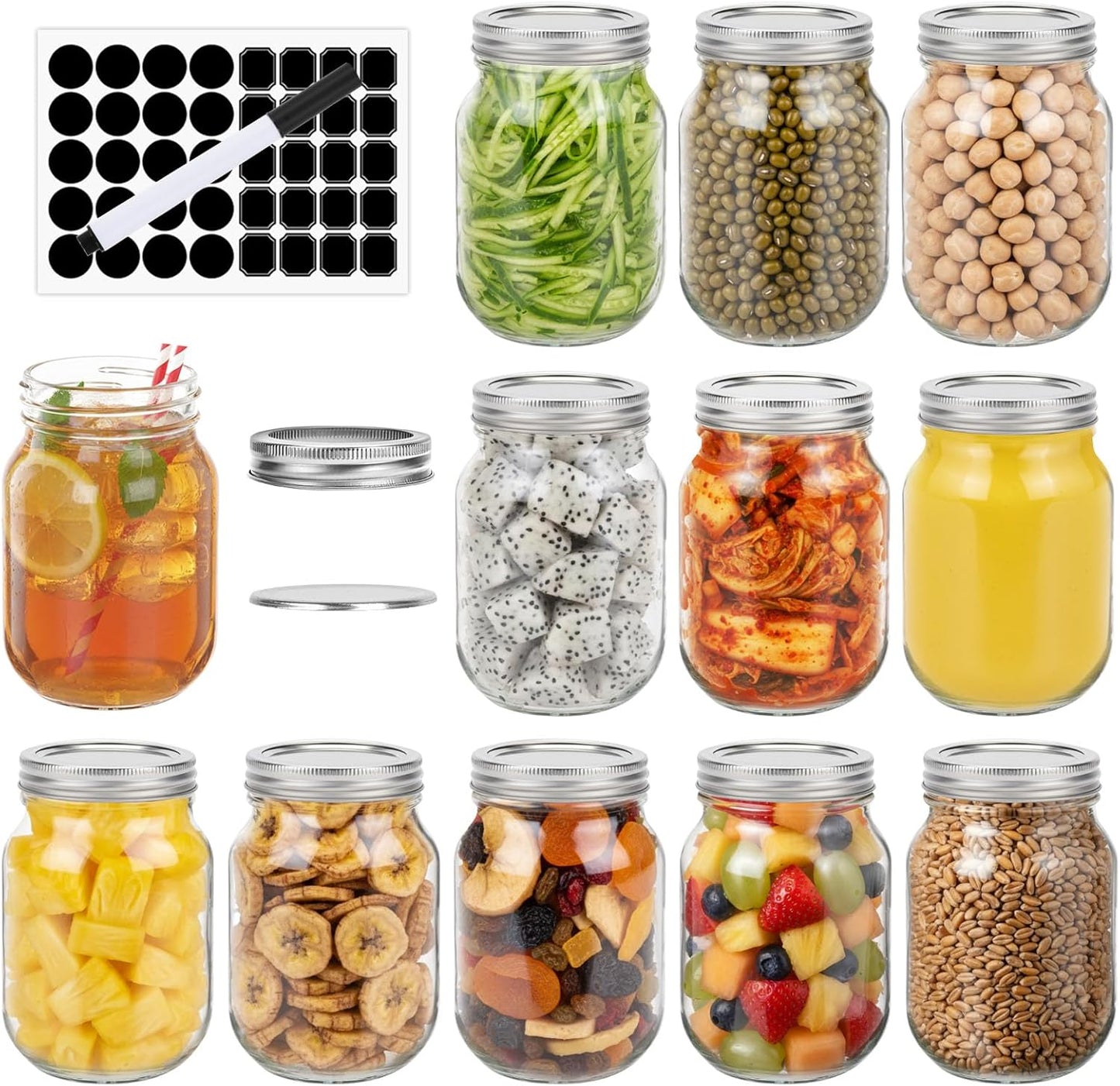 Haneye 16 oz Glass Mason Jars, 12 Pack Clear Glass Jars with Regular Lids, Canning Jars for Honey, Yogurt, Wedding Favors, Food Storage, Vegetables, Includes 40 Black Labels