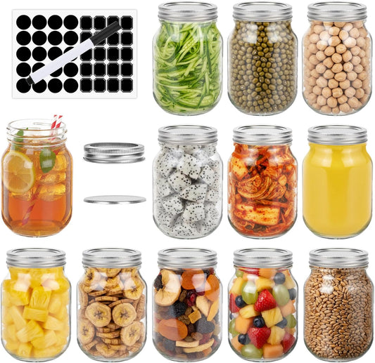 Haneye 16 oz Glass Mason Jars, 12 Pack Clear Glass Jars with Regular Lids, Canning Jars for Honey, Yogurt, Wedding Favors, Food Storage, Vegetables, Includes 40 Black Labels