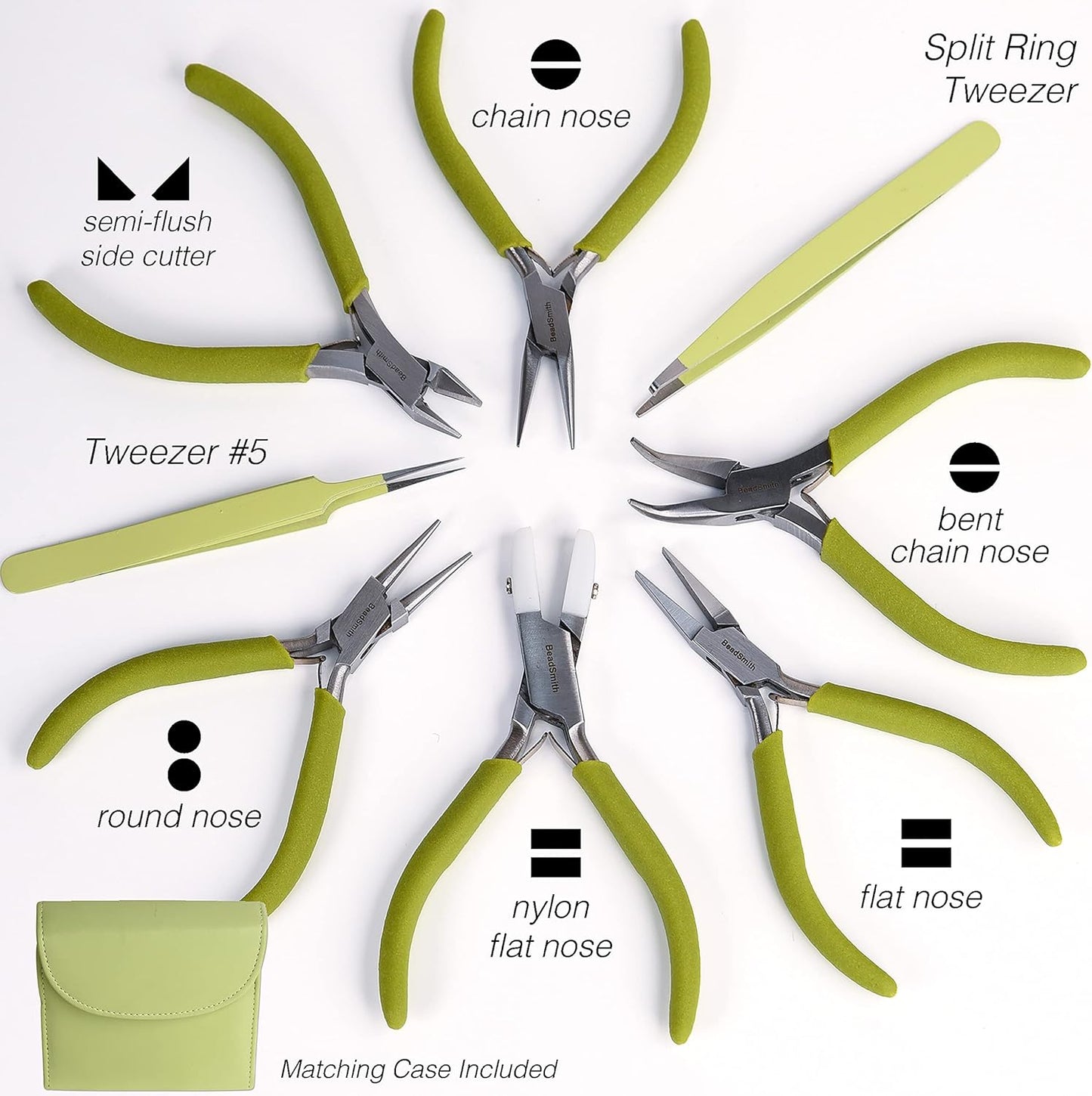 The Beadsmith Fashion Color Pliers – Set of 8 Slimline Color-Coordinated Tools – Matching Clutch in Light Olive – Jewelry Making Supply Kit to Create Necklaces, Bracelets, Earrings & More