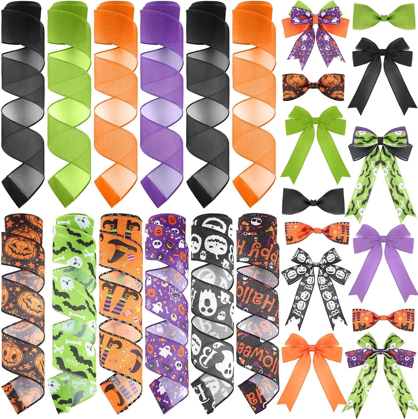 12 Rolls Halloween Wired Edge Ribbon for Wreaths 2 Inch x 60 Yards Bat Spider Web Pumpkin Print Grosgrain Ribbon Ghost Witch Hat Crafts for Halloween Party Decorative Supplies, 12 Styles