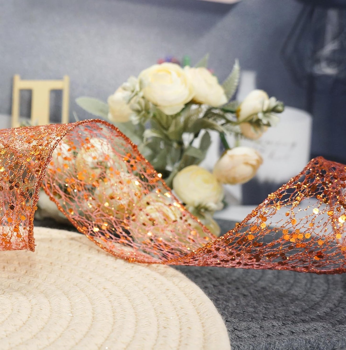 CT CRAFT LLC Sparkling Glitter Mesh Wired Ribbon 2.5" x 10 Yards Bronze Orange for Christmas Home Decor Bow Gift Wrapping DIY Crafts Wreath