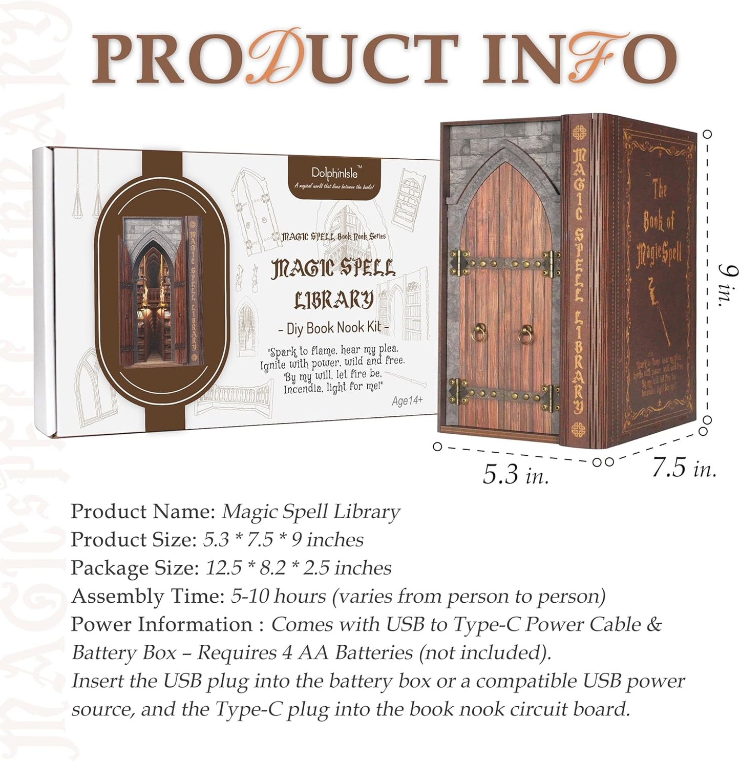 DolphinIsle Book Nook Kits for Adults, DIY Booknook Bookshelf Decor Magic Spell Library with Flame Illusion