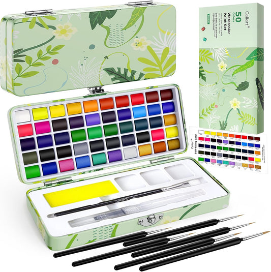 Caliart Watercolor Paint Set, 50 Colors Portable Travel Water Color Palette Kit with Detail Painting Brush, Art Supplies Christmas Gifts for Artists Adults Painters Beginners
