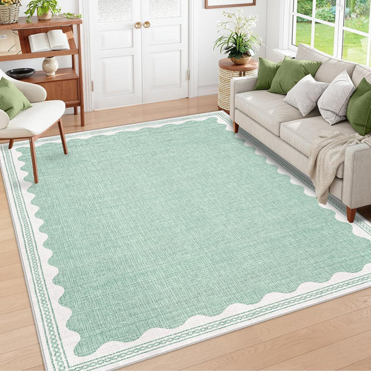 Scalloped Washable Rug 8x10 Area Rugs for Living Room, Solid Green Rug for Bedroom Girls, Non Slip Throw Carpet with Rubber Back, Soft Dorm Nursery Scalloped 8x10 Rugs for Dining Room