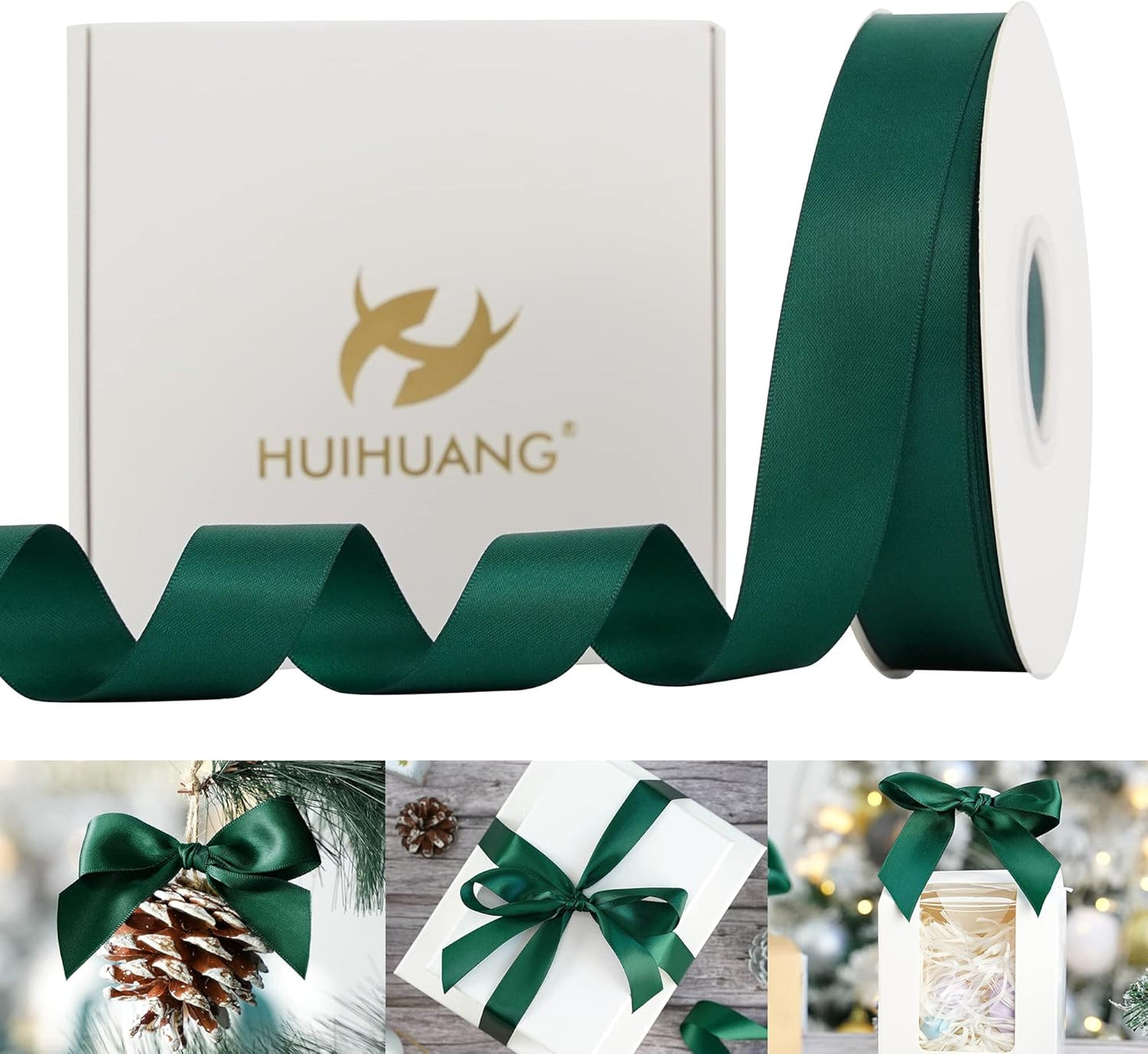 HUIHUANG Hunter Green Ribbon Green Satin Ribbon 1 inch x 50 Yards Double Face Satin Ribbons for Christmas Tree Decor Gift Wrapping Crafts Bows Floral Bouquet Cake Box Wedding Invitation Card