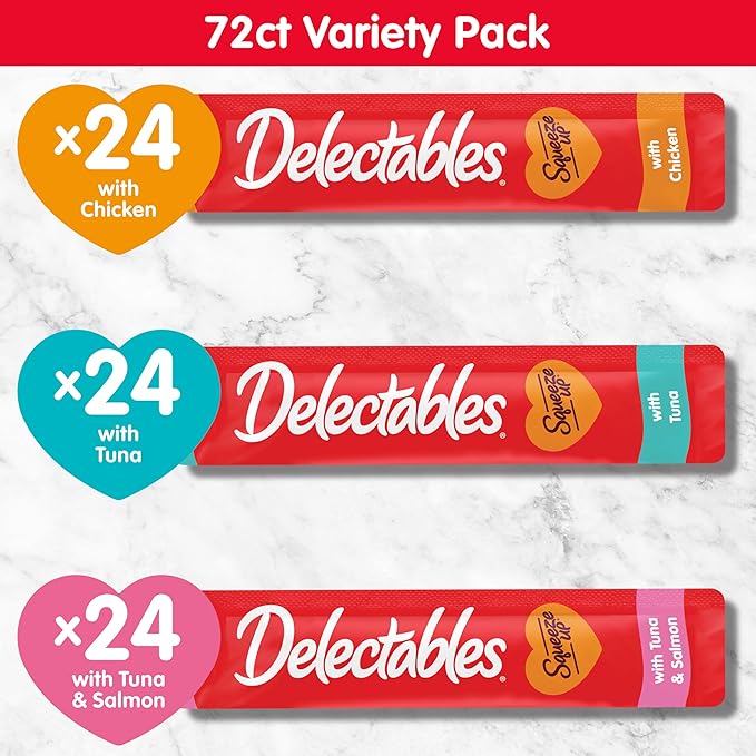 Hartz Delectables Squeeze Up Variety Pack, Creamy Squeezable Puree, Lickable Wet Cat Treats, Grain Free, No Added Fillers, No by-Products, No Added Preservatives, 0.5 Ounces Tube, 72 Tubes Total