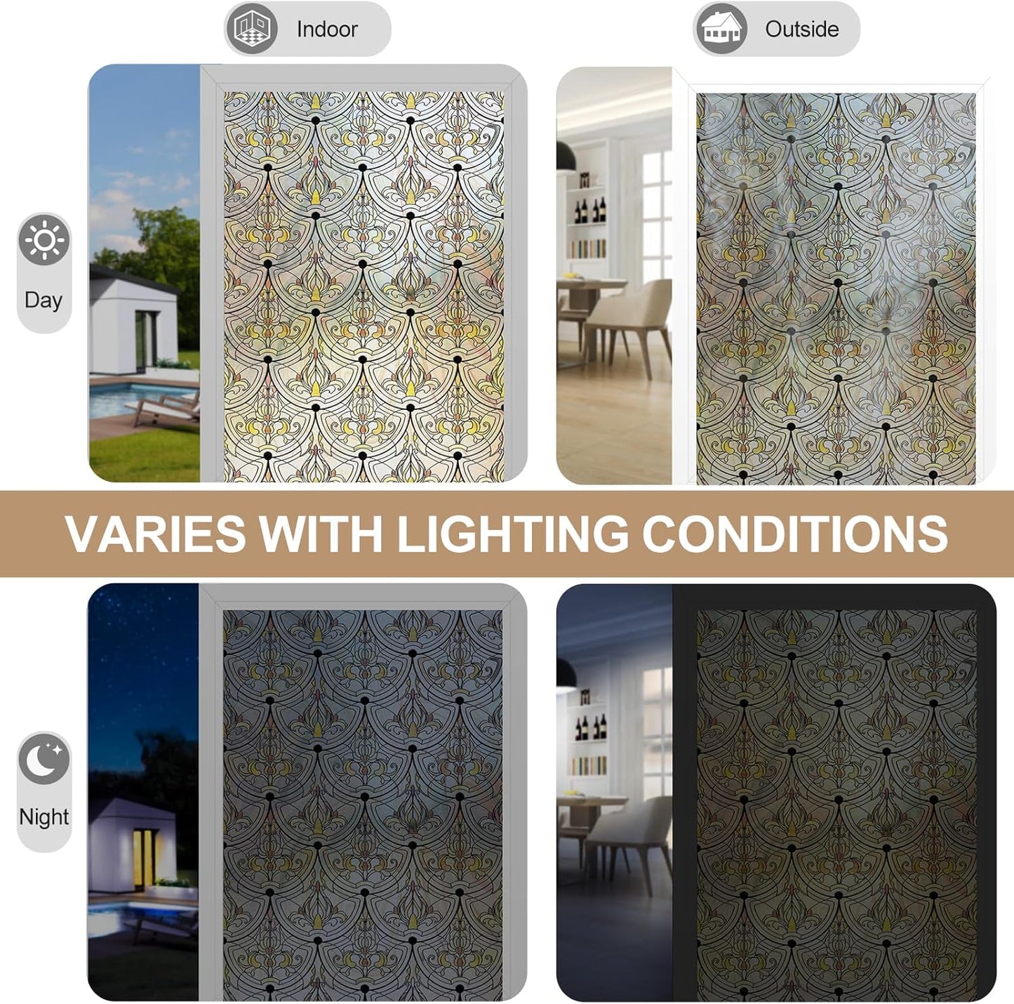 3D Stained Glass Window Film, Decorative Window Privacy Film for Bathroom,Front Door,Home, Sun Blocking Heat Control,Static Cling, Golden Ironwork 35.4inch x 78.7inch