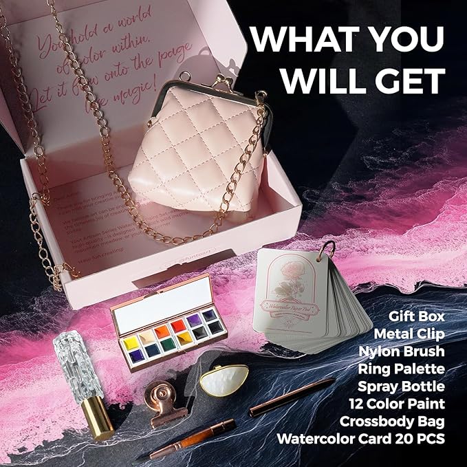 Funto Travel Watercolor Set, Fashion 12-Color Outdoor Paint Kit, with Crossbody Bag, Art Craft, Paint Supplies, Stocking Stuffers for Teen Girls, Portable Gift for Art