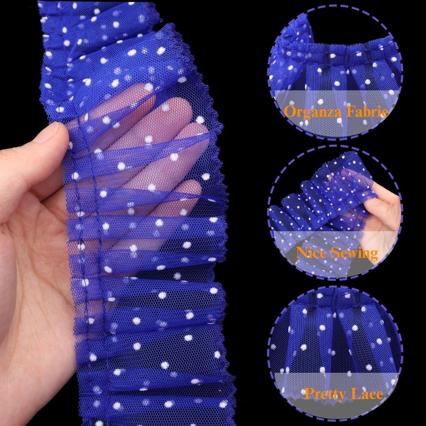 Dots Lace Ruffle Trim for Sew, Crafts 2.4" x5yd Single Layer Pleated Edge Lace Ribbon (Royal Blue)