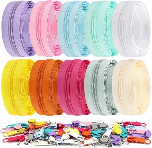 DOITEM 22.2 Yards/ 20 m 10 Pieces Assorted Colors #5 Nylon Coil Zippers, Sewing Zippers Endless Zips with 40 Pieces Zipper Sliders Zip Heads for Sewing Tailor Craft Supplies