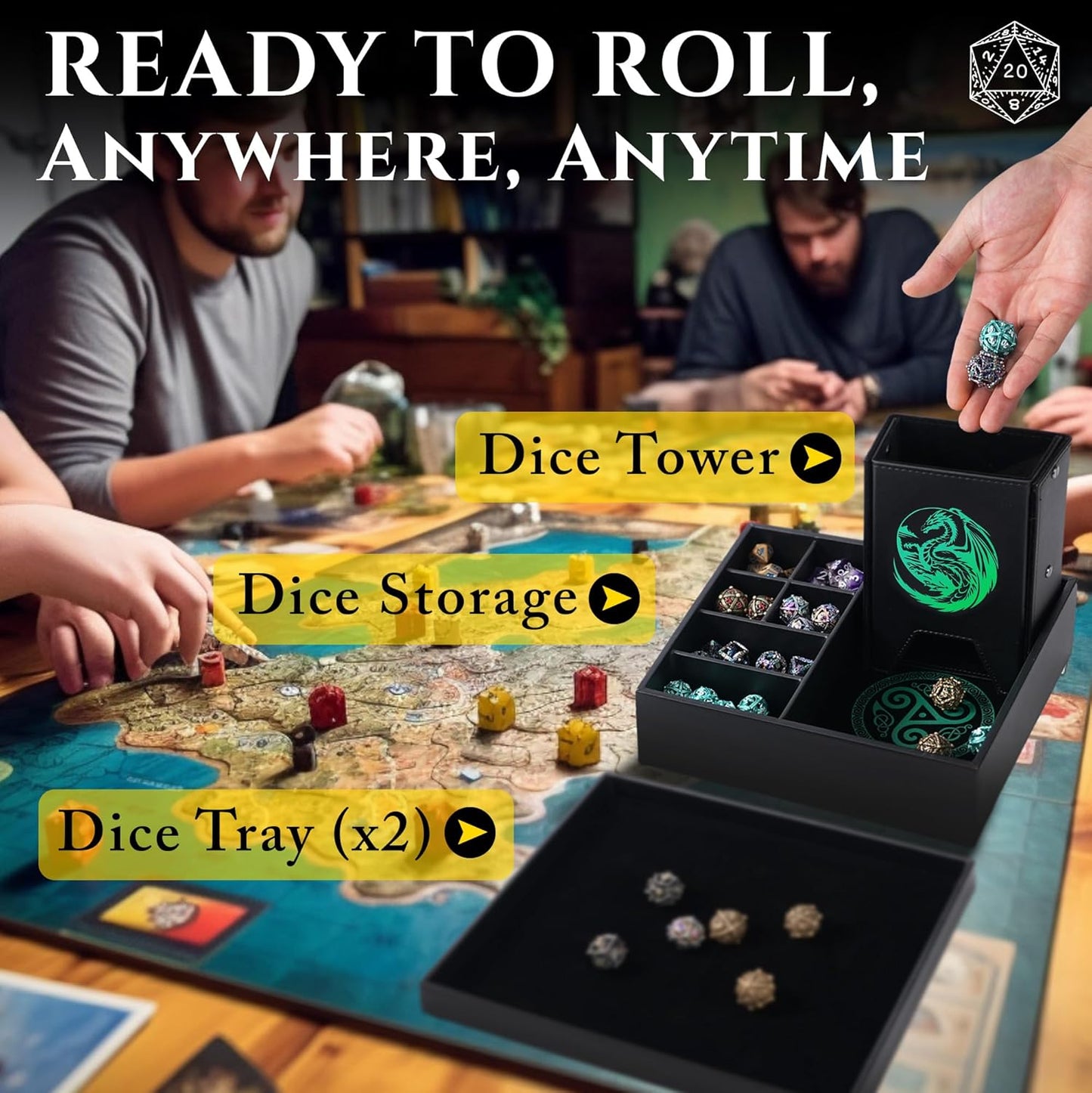 Dice Tray and Dice Tower for DND: All-in-One Tray, Storage & Large Tower for Random Rolls - Stores Your Sets, Mini's etc, Perfect for D&D and RPG Gift Accessories (Green Dragon)