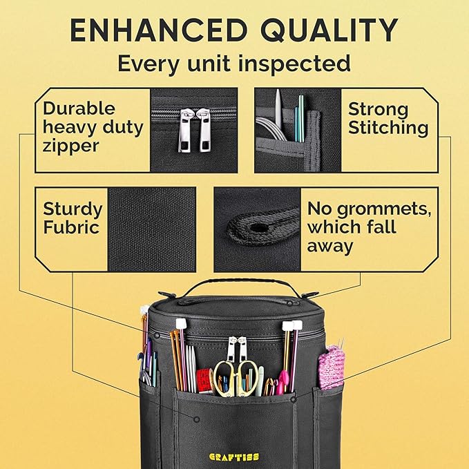 CRAFTISS Crochet Storage Bag - Christmas Gift - Best Durable Canvas Yarn Storage for Crochet Accessories - Yarn Organizer Knitting Bag with Knitting Accessories Case (Black)