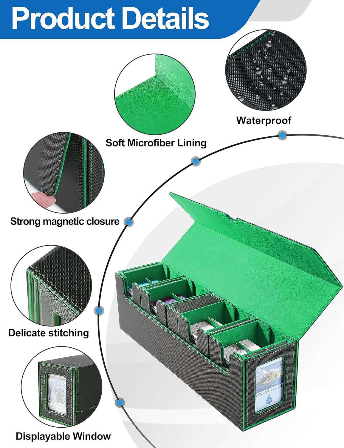 Card Deck Box for MTG with Commander Display, 5 in 1 Card Deck Case Holds 800+ Unsleeved Cards, Strong Magnet Organizer Compatible with Yugioh TCG Sports Cards (Black&Green)