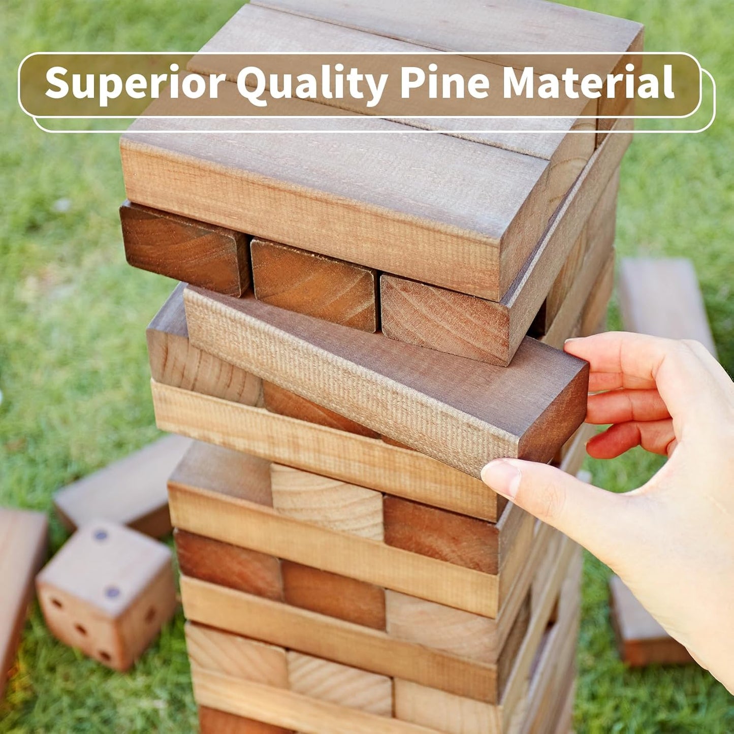 ApudArmis Giant Tumble Tower Stack to Over 5Ft, 60 PCS Pine Wooden Stacking Timber Game with 1 Dice Set - Classic Block Giant Game (7.48 * 2.48 * 1.5 in Each Block, Brown)