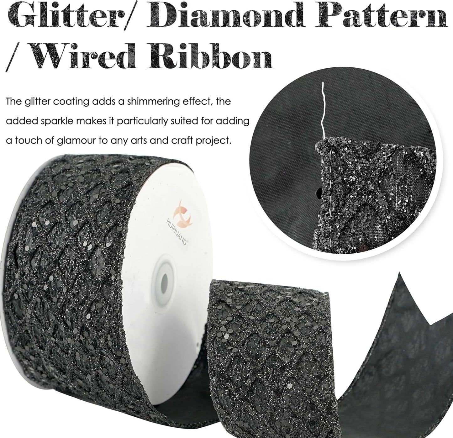 HUIHUANG Glitter Black Wired Ribbon for Christmas Tree 2.5 inch Black Diamond Mesh Wire Ribbon for Tree Decoration, Wreaths, Garland, Gift Wrapping, Bows Making, Halloween Decor -10 Yards
