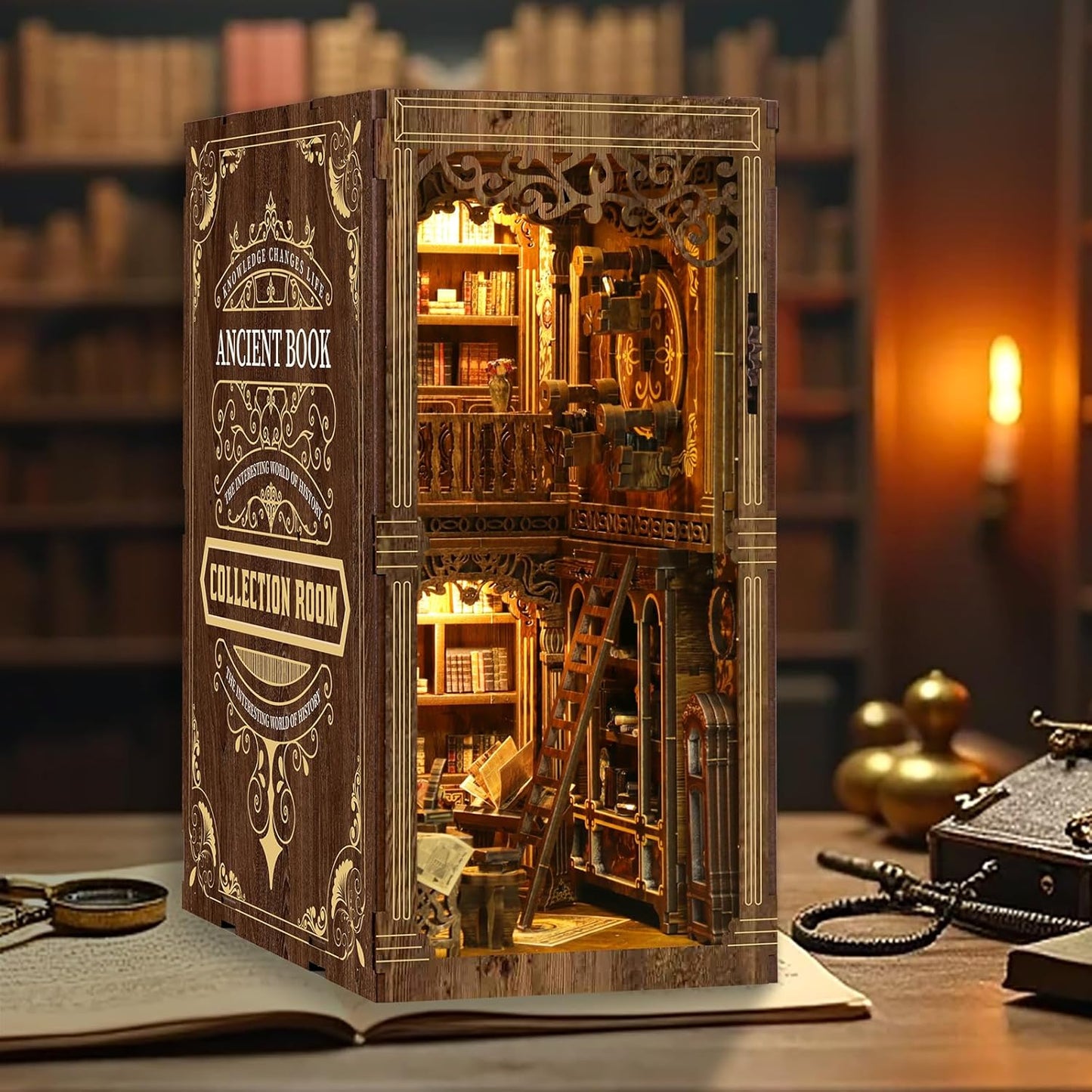 Book Nook Kit for Adult Miniature Model Build Dollhouse Kit 3D Wooden Puzzle with Sensor Led Light for Bookshelf Bookend Insert Decor Adults Teen Crafts(Classical Book Collection Room)