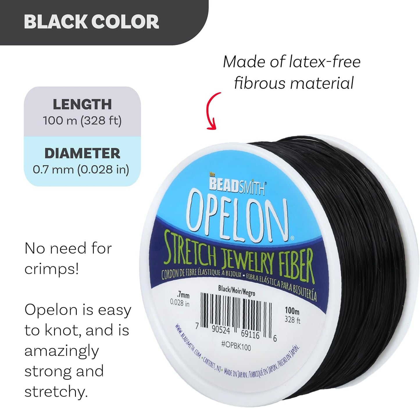 The Beadsmith Opelon Stretch Cord – Elastic Beading Fiber, Black, 0.7 mm Diameter, 100 Meters (328 ft) Spool