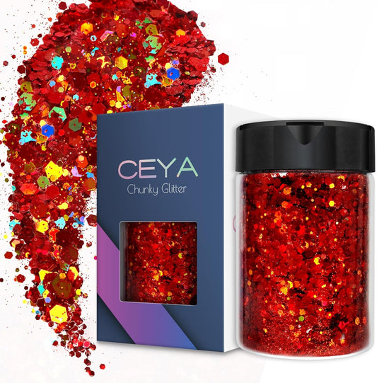Ceya Holographic Chunky Glitter 4.9oz/ 140g Red Glitter Craft Roses Glitter Powder Mixed Chunky Flakes Iridescent Nail Sequins for Nail Art,Hair,Epoxy Resin,Tumbler,Slime,Painting,Festival Decor