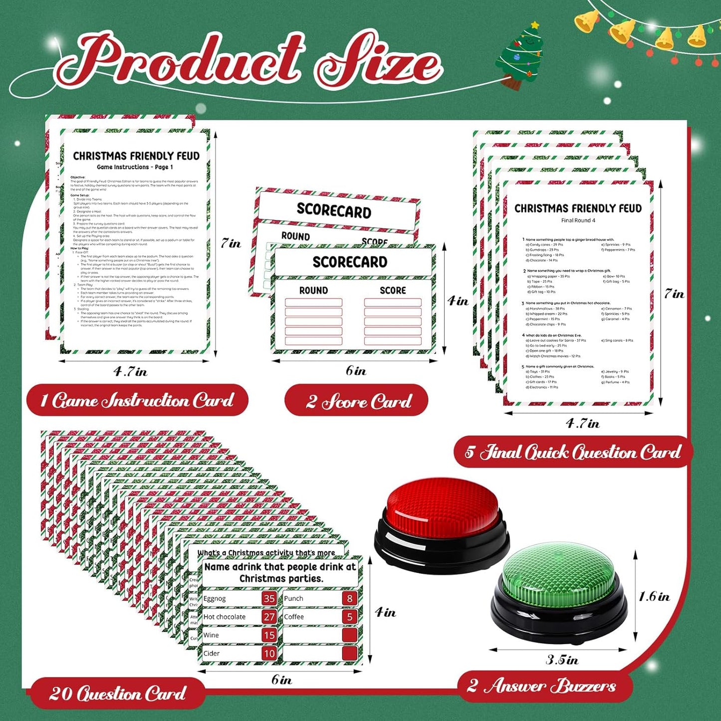 Christmas Friendly Feud Game with 2 Answer Buzzers, Holiday Feud Cards for Family Game Night Fun Trivia Quiz for Xmas Party Office Class Groups Team Building