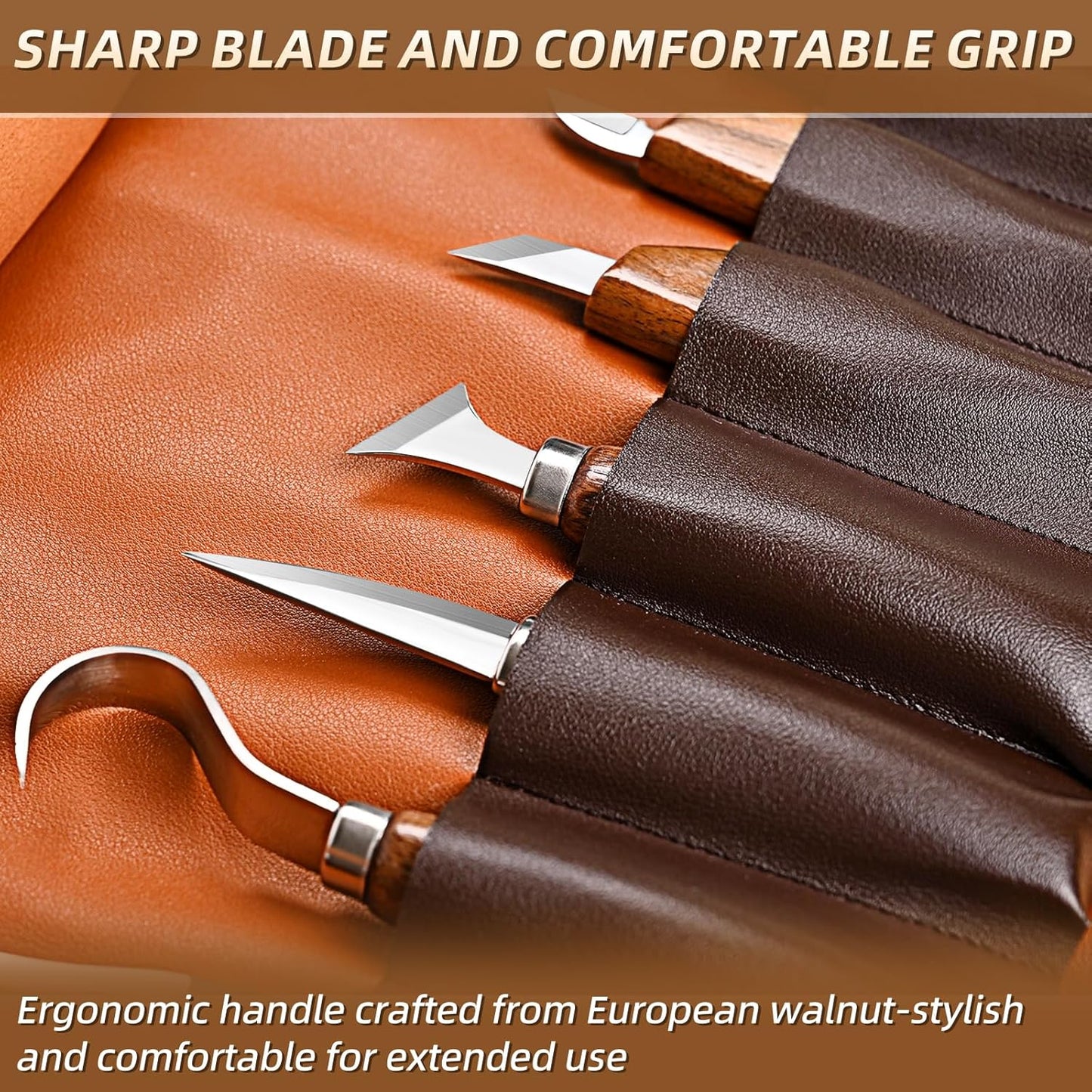 Deluxe Wood Carving Kit - 21Pcs Wood Carving Tools with Leather Storage Bag,Wood Carving Tools Set with 8Pcs Whittling Knives, 8Pcs Detail Carving Knives,Wood Whittling Kit for Beginners