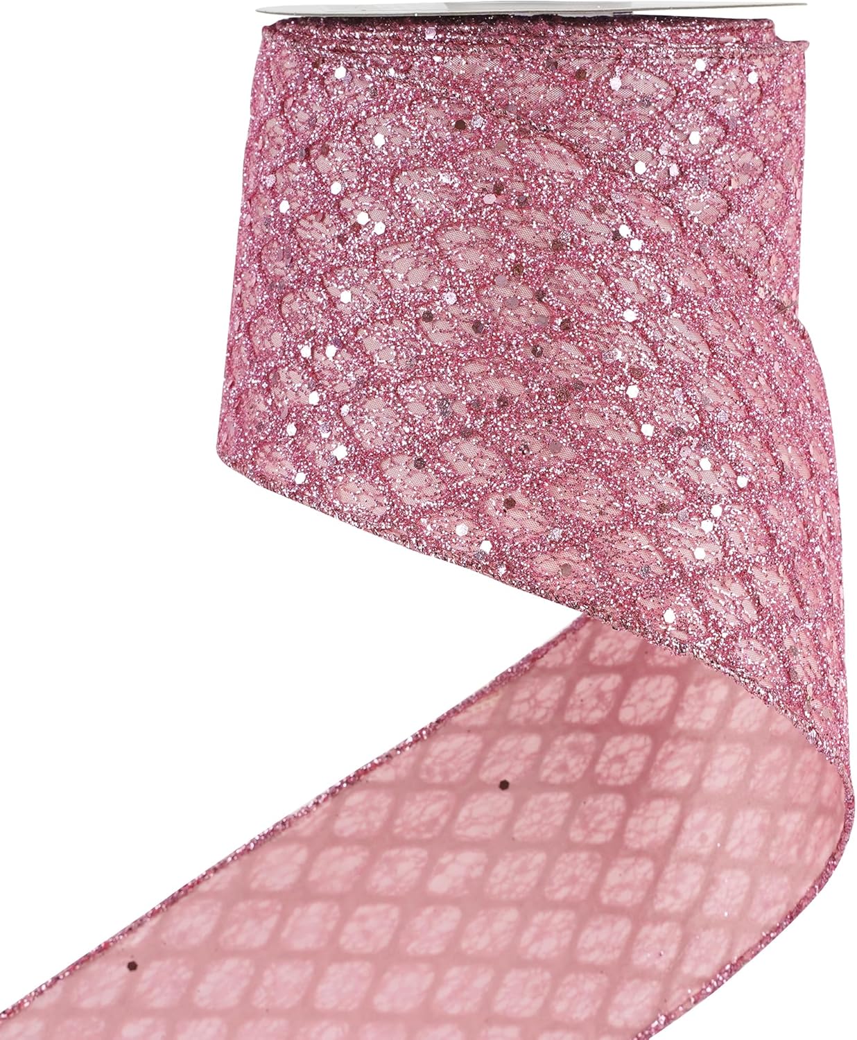 HUIHUANG Pink Wired Christmas Ribbon 4 inch Light Pink Glitter Wired Ribbon Diamond Mesh Wire Ribbon for X-mas Tree Decorations, Wreaths, Garland, Large Bows Making, Home Decor -10 Yards