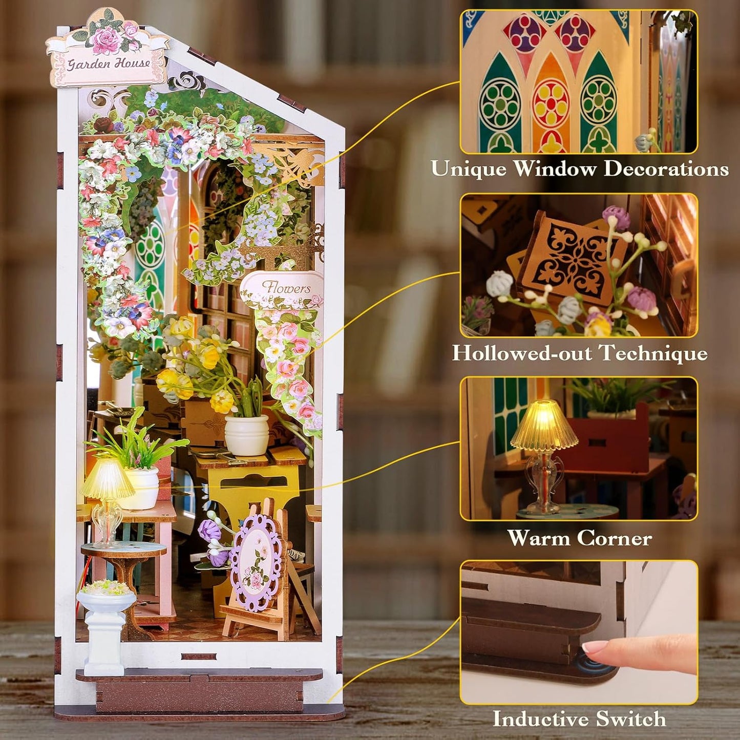 Book Nook Kits for Adults, Miniature House 3D Puzzle Kit for Teens, DIY Crafts for Adults, Bookshelf Decor Garden House with LED Light, Gifts for Family and Friends