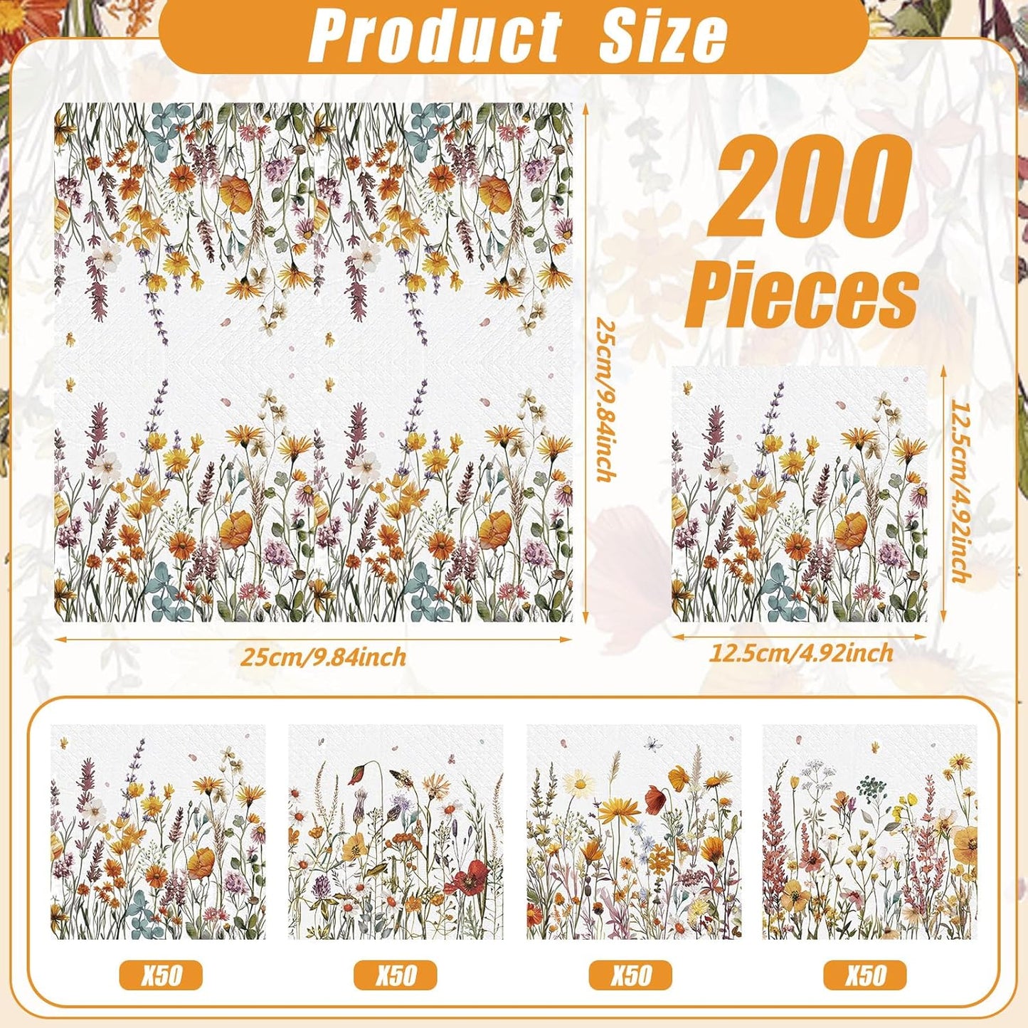 Fulmoon 200 Pieces Fall Floral Cocktail Napkins Disposable Autumn Flower Decoupage Paper Napkins Wildflower Beverage Towel for Thanksgiving Day Fall Party Favor Supplies