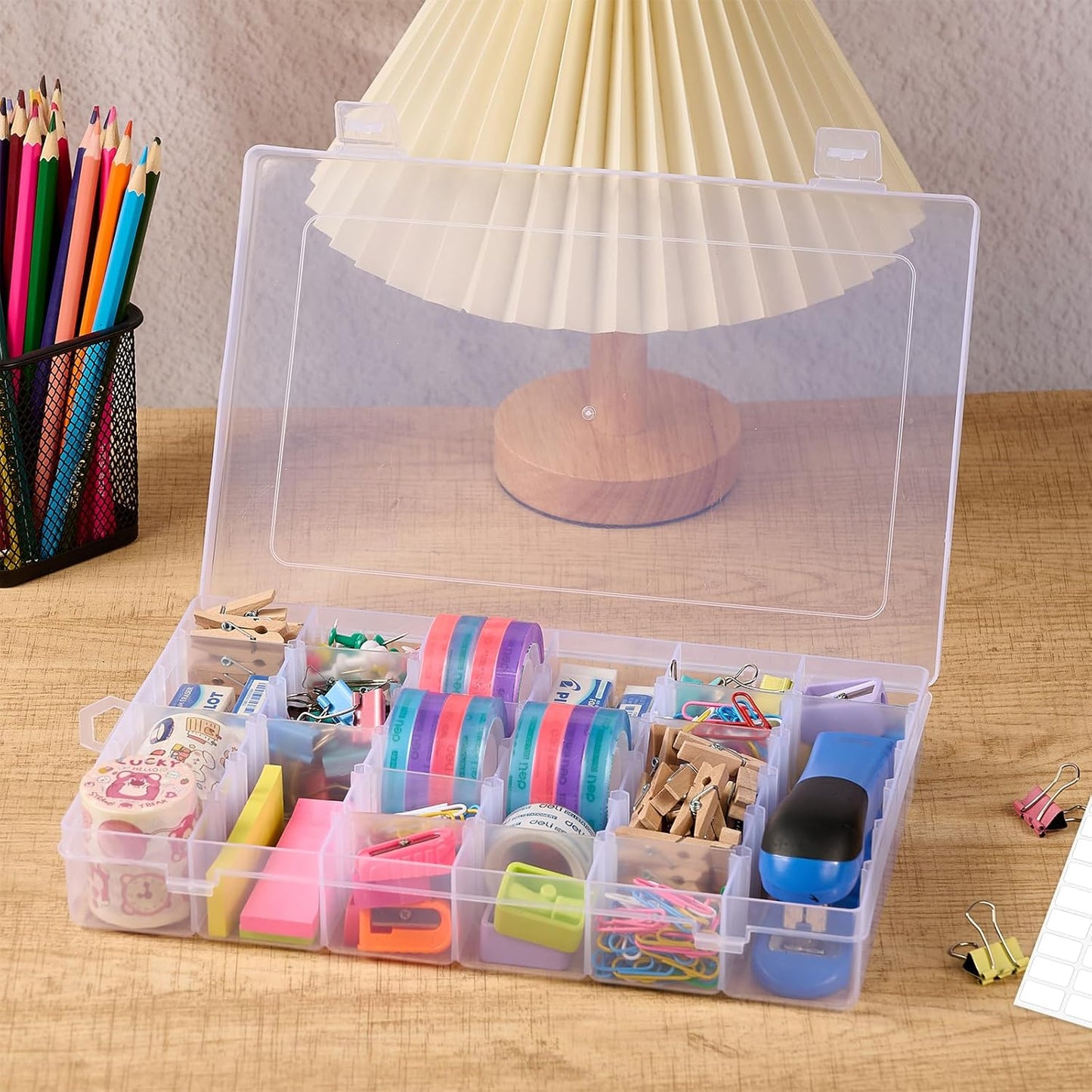 36 Grids Large Plastic Organizer Box with Adjustable Dividers, Clear Compartment Storage Container Tackle Box with Label Stickers for Beads, Crafts, Jewelries, Tools