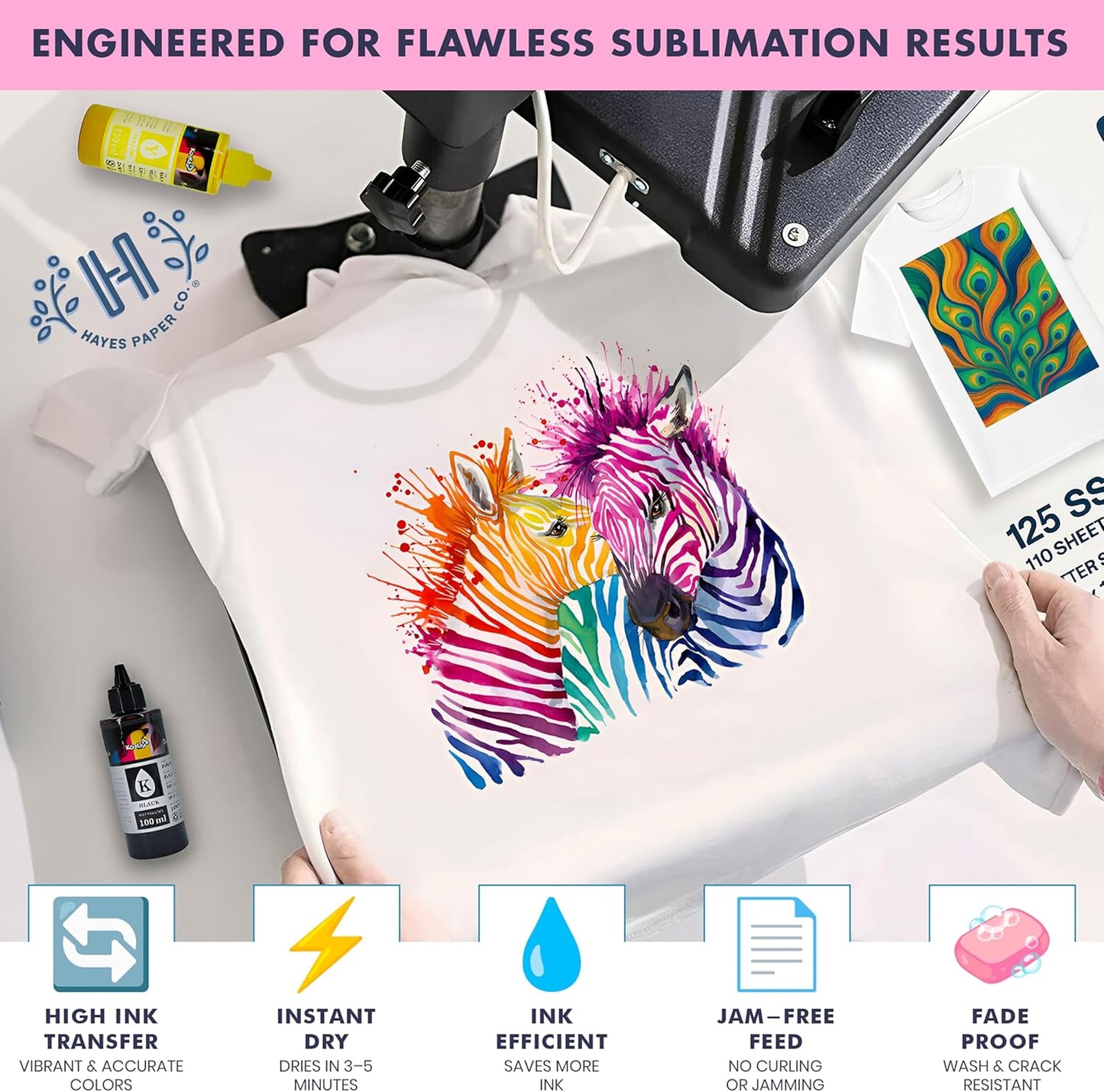 Hayes 110 Sheets Sublimation Paper 8.5x11 Inch Letter Size | 120gsm Heat Transfer Paper for Inkjet Printers | Use on Mugs, T-Shirts, Light Fabrics | Compatible With Sublimation Printers