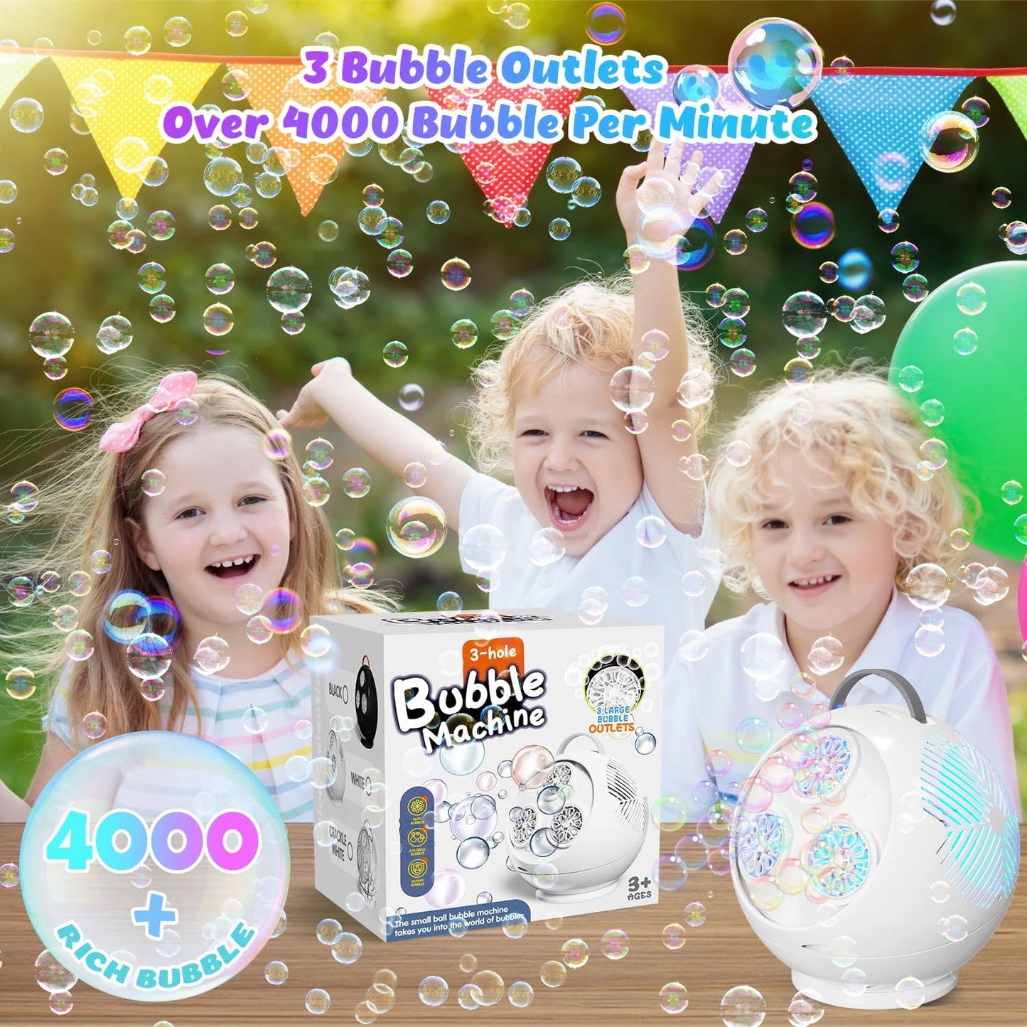 Bubble Machine for Kids Toddlers,45°/360° Auto Rotatable Spherical Bubble Maker Toy with LED Light,Rechargeable Bubble Blower for 3 4 5 Year Old,Wedding Party Easter Birthday Gifts (Spherical White)