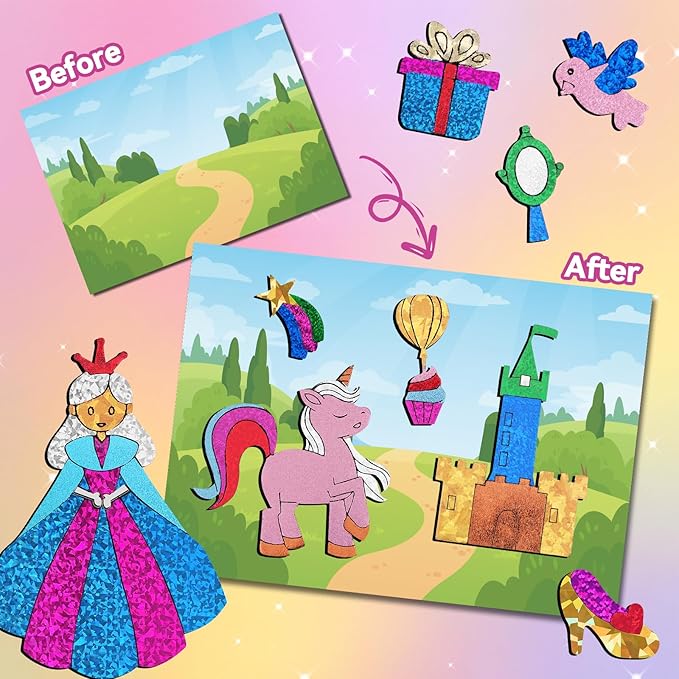 ATFUNSHOP Magical Foil Art Princesses Unicorn Mermaid & Fairy - No Mess Foil Craft Kit for Kids Ages 4 5 6 7 8 9 Fun Creative DIY Activity, Ideal Birthday Gift for Girls