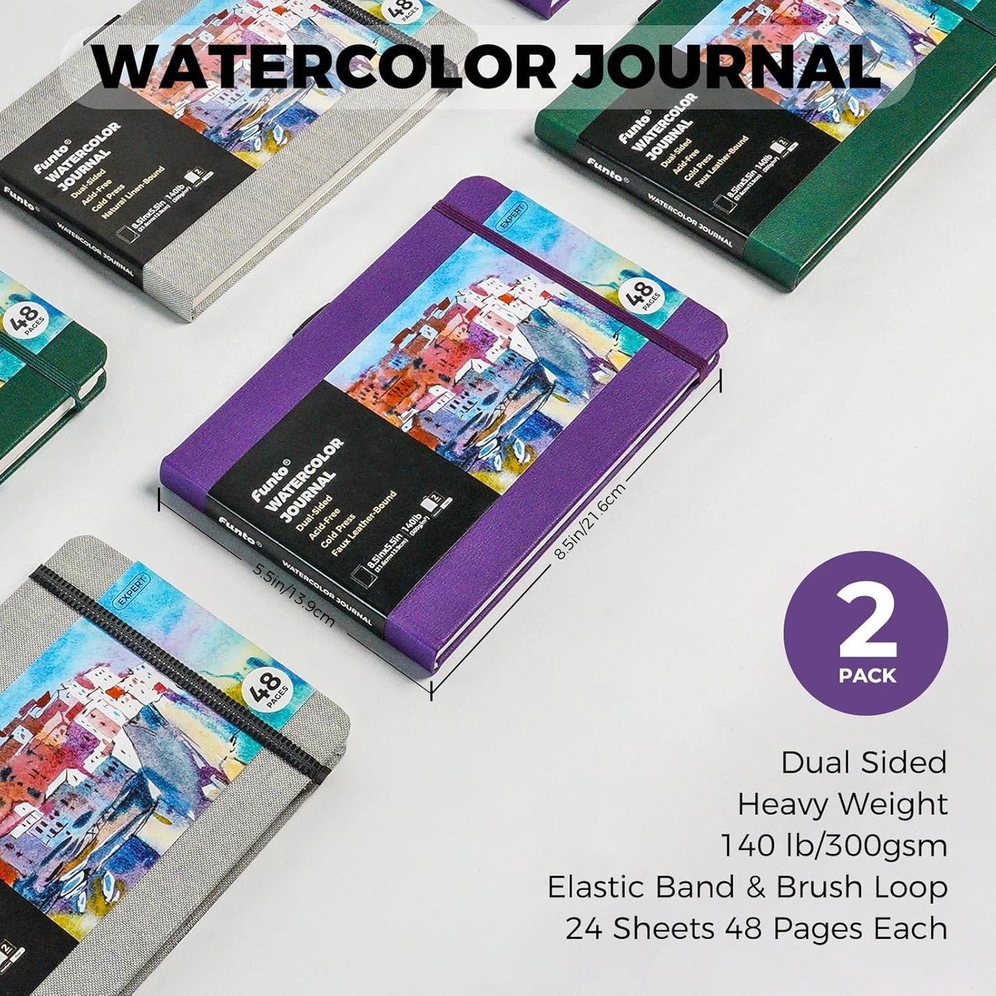 Funto Watercolor Journal, 8.5x5.5, 2 Pack, 48 Pages Each, Purple Leather Cover, Cold-Pressed, Inner Paper Pocket, Art Supplies for Mixed Media