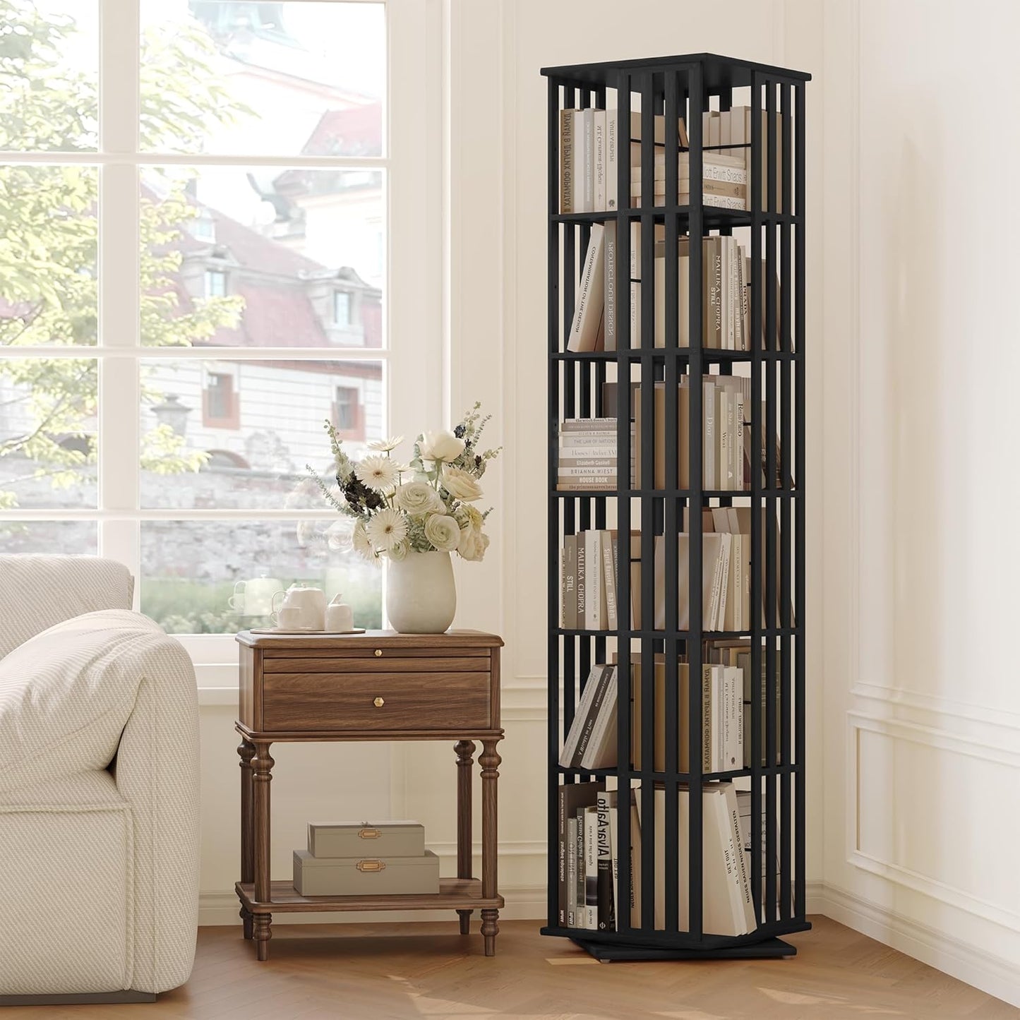 YOWOS Rotating Bookshelf Tower, 360 Display Spinning Bookcase, Bamboo Bookshelf Floor Standing Storage Rack, Wood Narrow Book Shelf Organizer for Kids&Adults (Black, 6 Tier)