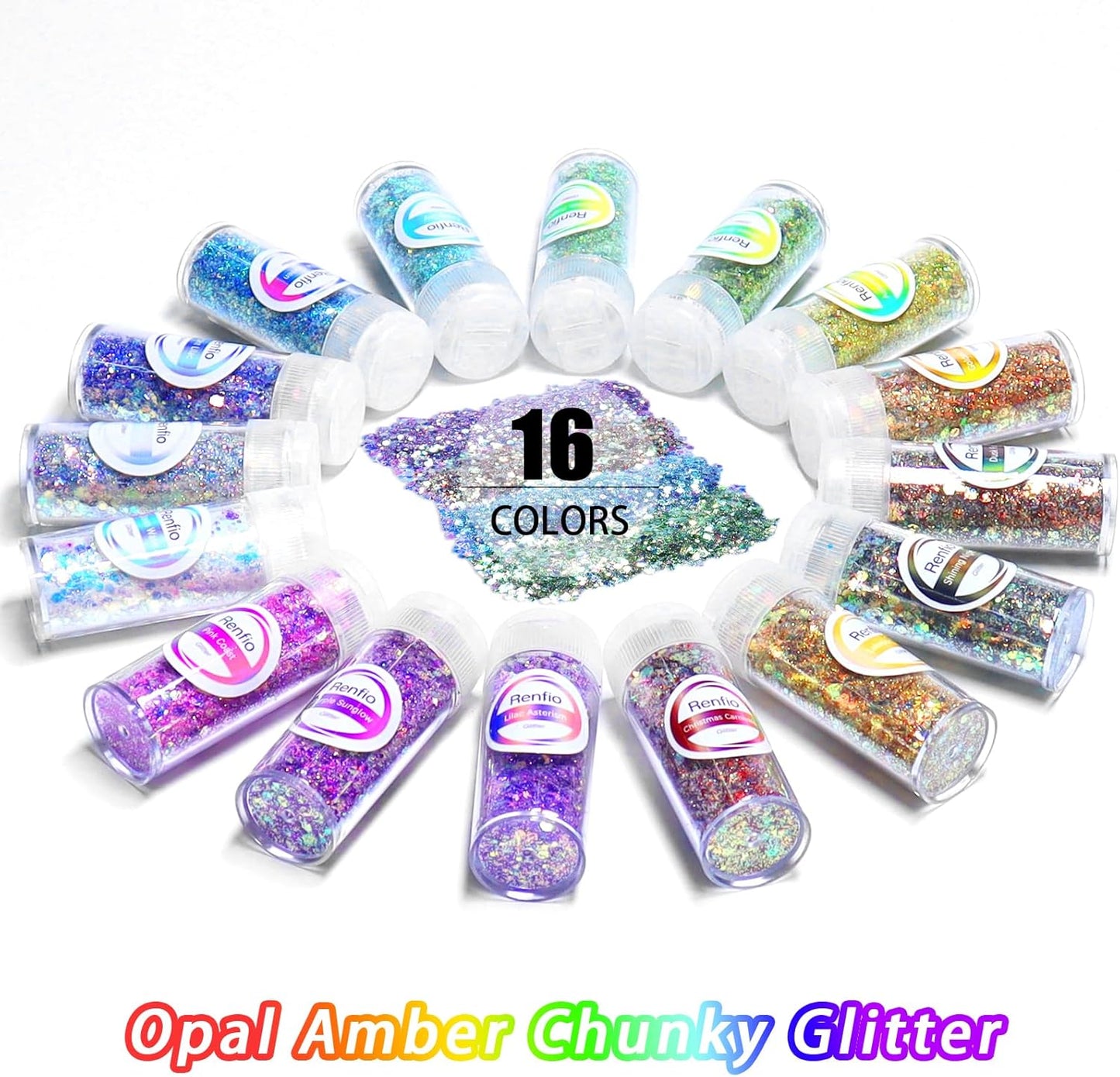 Renfio Opal Chunky Glitter Set - 16 Dreamy Amber Colors, 10g Each - Holographic Fine Glitter Mix, Iridescent Flakes for Snow Globe, Tumbler, Nail Art & DIY Crafts