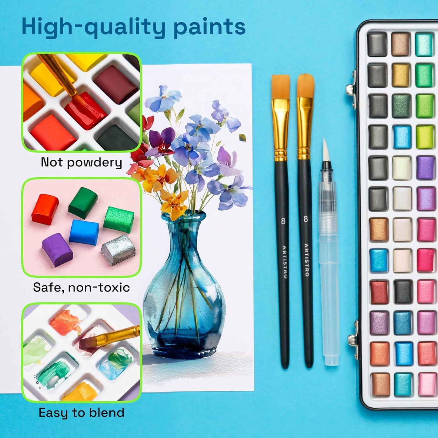 ARTISTRO 168 Watercolor Paint Set, Vivid Colors in Portable Box, Palette set. Perfect Travel Watercolor Set for Artists, Amateur Hobbyists and Painting