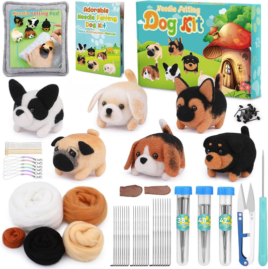 Needle Felting Kit, 61 Pcs Felt Dog Dolls Needle Felting Set with Felting Needles, Wool Roving, Felting Pad, Instruction Manual, Felting Beginner Tools for Felted Animal Needle Felting Supplies