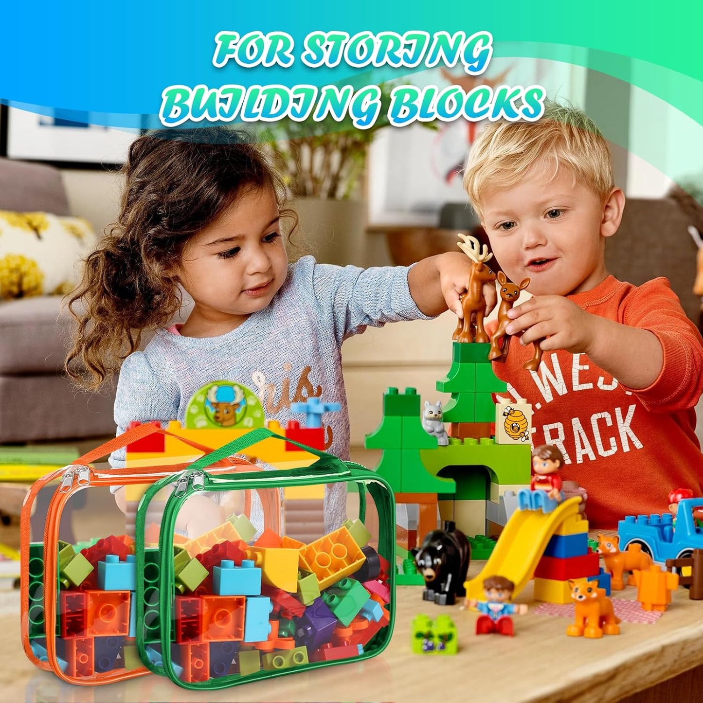 8 Packs Toy Storage Bags with Zipper, Clear PVC Organizing Bags, Reusable Toy Storage Organizer with Portable Handle, Travel Waterproof Organizer Bags for Building Blocks, Puzzle, Toys and Books