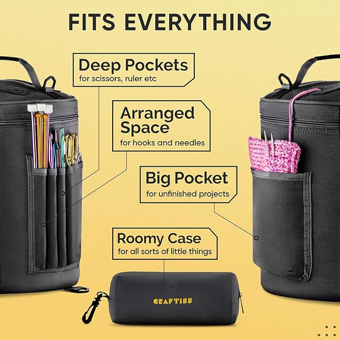 CRAFTISS Crochet Storage Bag - Christmas Gift - Best Durable Canvas Yarn Storage for Crochet Accessories - Yarn Organizer Knitting Bag with Knitting Accessories Case (Black)