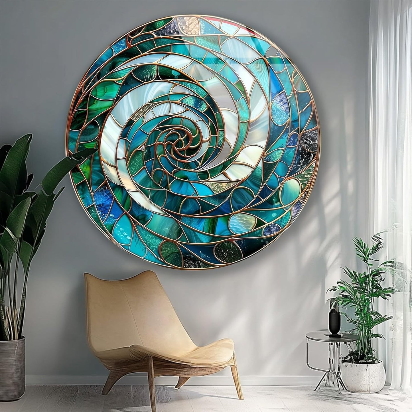 My Photostation.com 15.8''(40cm) Diameter Aqua Spiral Harmony Round Glass Wall Art Tempered Glass Printing Wall Decor Large Wall Art Wall Hangings