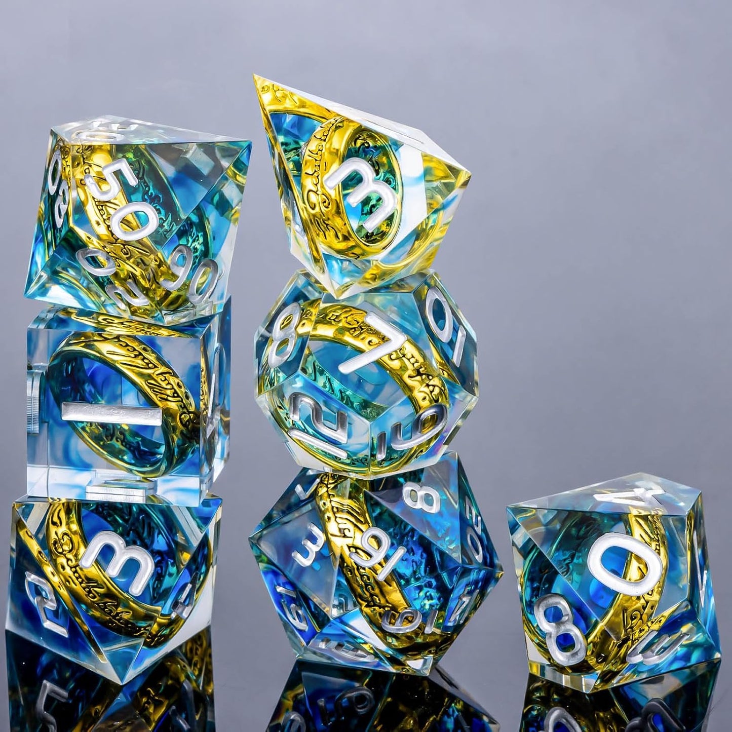 OUKELANWO Magic Lord Rings DND Dice Set with Box, 7Pcs Resin LOTR D&D Dice Set for Role Playing Game, Blue Dungeons Dragons D and D Sharp Edge Dice D20 D12 D10 D8 D6 D4