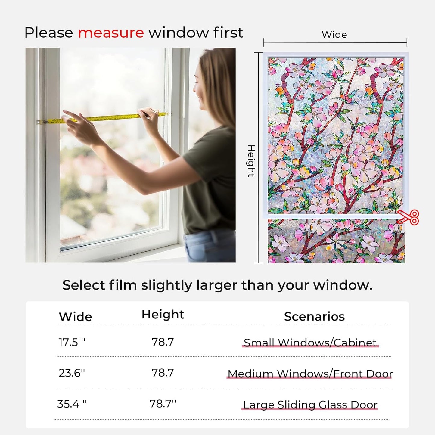 Window Privacy Film Rainbow Film Stained Glass 3D Static Cling Decorative Window Sticker for Bathroom,Front Door,Home Heat Control UV Blocking Non Adhesive,Peach Blossom 35.4 x 78.7inches