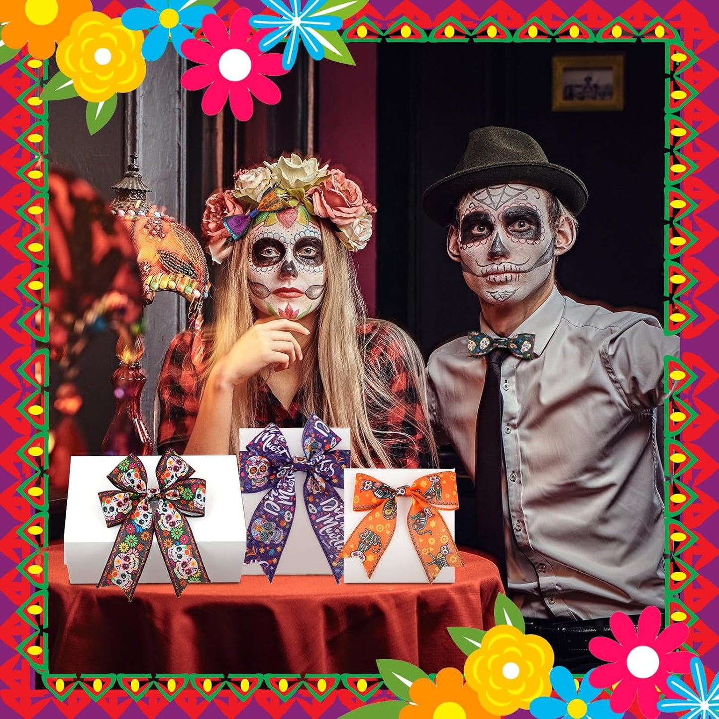 12 Rolls 60 Yards Day of The Dead Wired Edge Ribbons Black Purple Sugar Skull Flower Burlap Ribbon Dia De Los Meurtos Ribbon for Halloween Party DIY Craft Wreath Decor