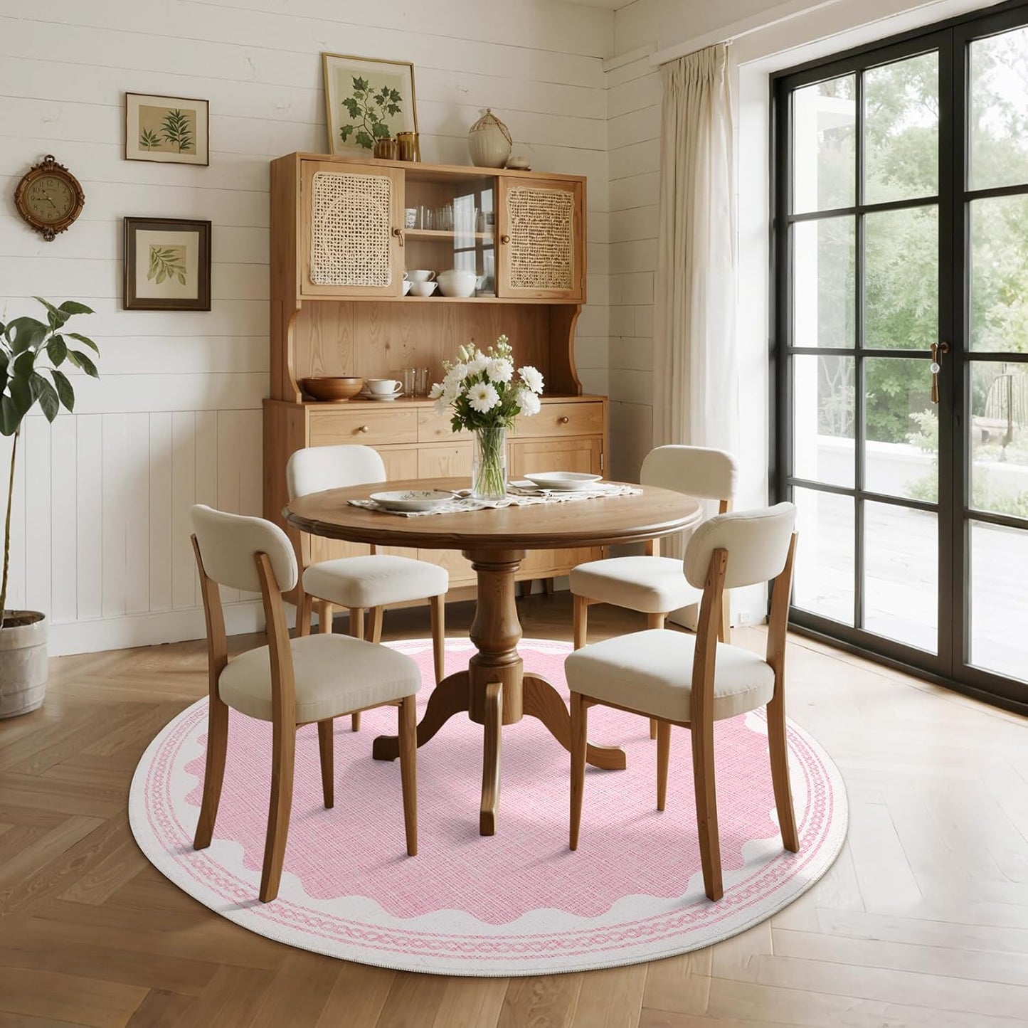 Scalloped Round Rug 4ft, Small Area Rugs Solid Pink Rug for Bedroom Girls, Washable Rugs for Living Room, Non Slip Scalloped Round Bath Mat, Soft Dorm Nursery Carpet for Bedside