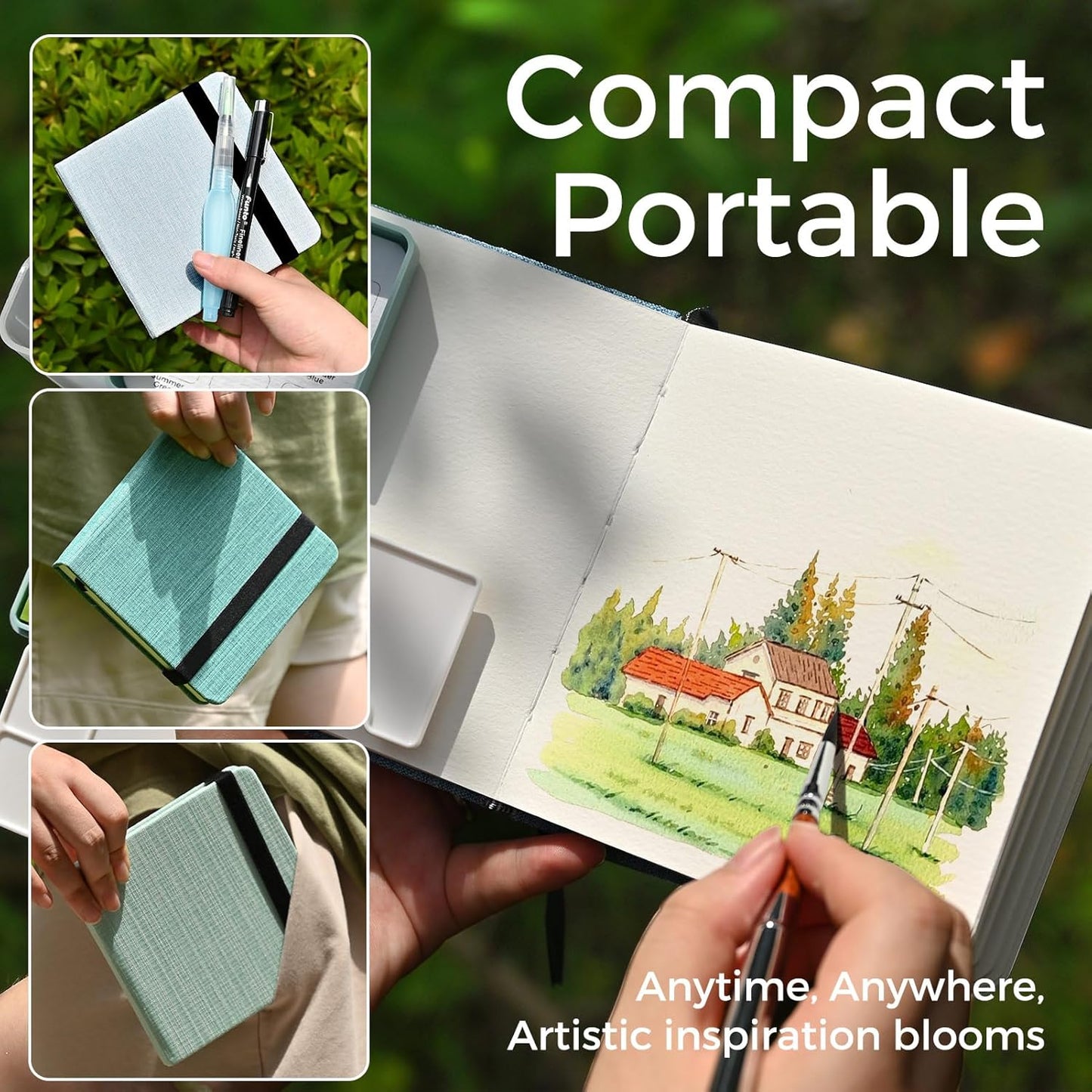 Funto Watercolor Journal, 4.7x4.7, 24 Sheets, 100% Cotton Hot Press, 300gsm/140lb, Inner Paper Pocket, Art Supplies for Mixed Media