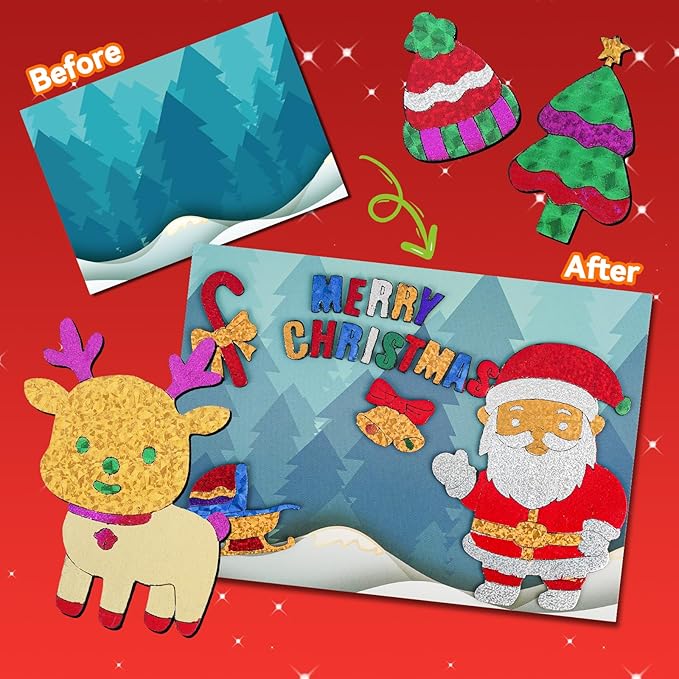 ATFUNSHOP Christmas Crafts for Kids - Magical Foil DIY Christmas Gift Cards - No Mess Xmas Art Activities Kit for Ages 4 5 6 7 8 9 - Fun & Ideal Stocking Stuffer & Christmas Gift for Boys & Girls